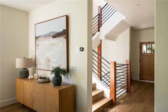 357 Mittry Ln, Lake Arrowhead, CA 92352 - entryway featuring wood finished floors, stairway, and baseboards