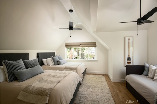357 Mittry Ln, Lake Arrowhead, CA 92352 - bedroom with lofted ceiling, wood finished floors, baseboards, and ceiling fan