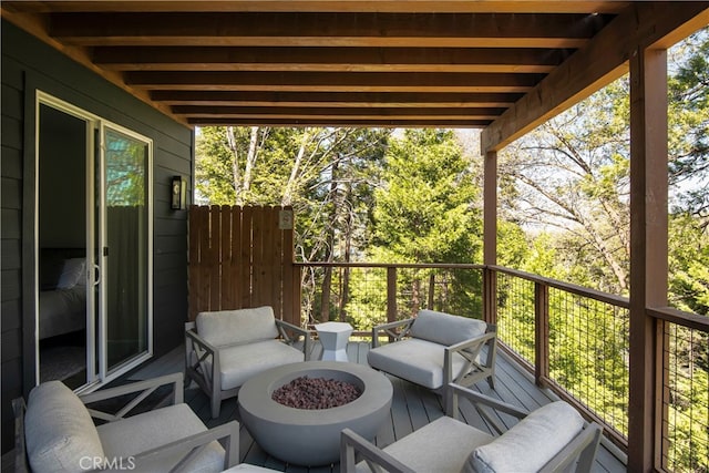 357 Mittry Ln, Lake Arrowhead, CA 92352 - view of patio / terrace featuring a wooden deck and an outdoor living space with a fire pit