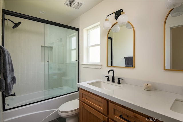 357 Mittry Ln, Lake Arrowhead, CA 92352 - bathroom with double vanity, toilet, and enclosed tub / shower combo