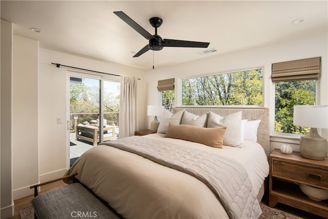357 Mittry Ln, Lake Arrowhead, CA 92352 - bedroom featuring access to outside, multiple windows, ceiling fan, and baseboards