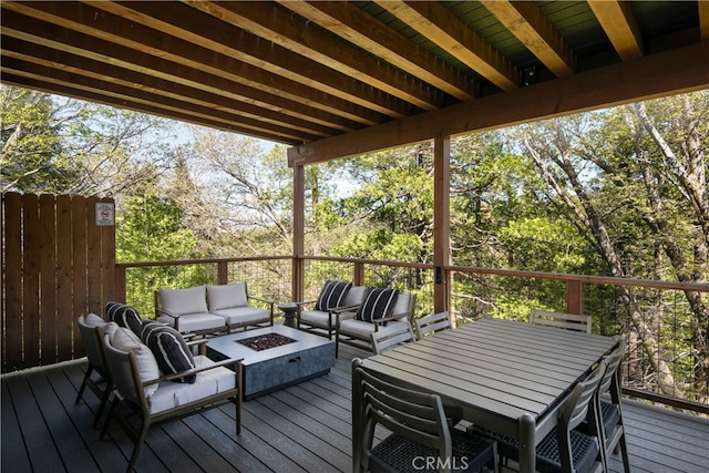357 Mittry Ln, Lake Arrowhead, CA 92352 - deck featuring an outdoor living space with a fire pit and view of wooded area