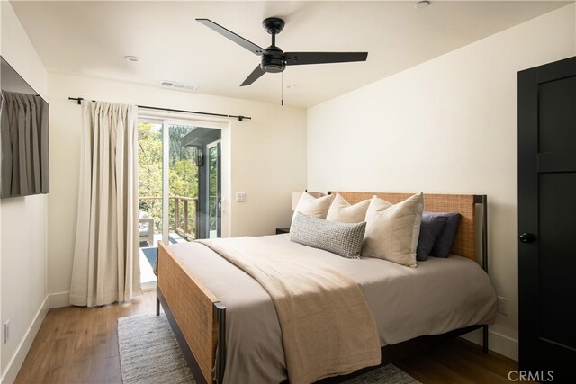 357 Mittry Ln, Lake Arrowhead, CA 92352 - bedroom featuring access to outside, wood finished floors, baseboards, and a ceiling fan