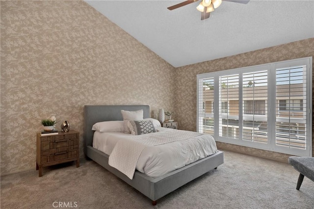 949 W Imperial Blvd Unit 14C, La Habra, CA 90631 - carpeted bedroom featuring wallpapered walls, lofted ceiling, and a ceiling fan