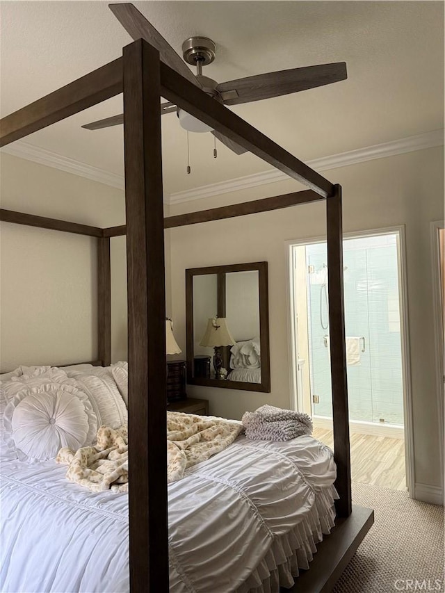41410 Juniper St Unit 2012, Murrieta, CA 92562 - bedroom with crown molding, a ceiling fan, light carpet, and ensuite bath