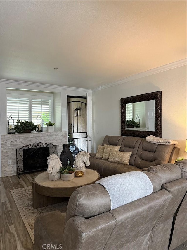 41410 Juniper St Unit 2012, Murrieta, CA 92562 - living room featuring wood finished floors, ornamental molding, and a fireplace