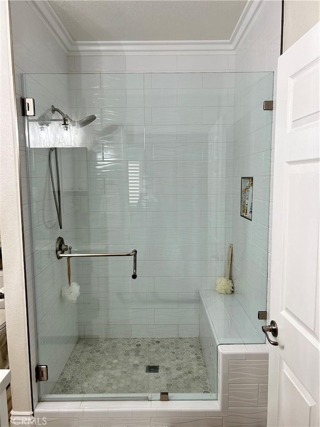41410 Juniper St Unit 2012, Murrieta, CA 92562 - bathroom featuring crown molding and a shower stall