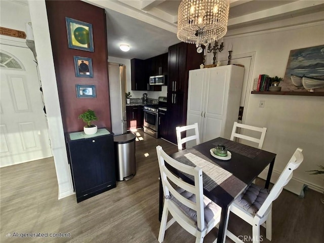 1707 Alta St, Redlands, CA 92374 - dining room featuring wood finished floors, a chandelier, and beam ceiling