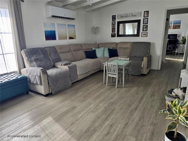 1707 Alta St, Redlands, CA 92374 - living area with a wall unit AC, wood finished floors, beam ceiling, and healthy amount of natural light