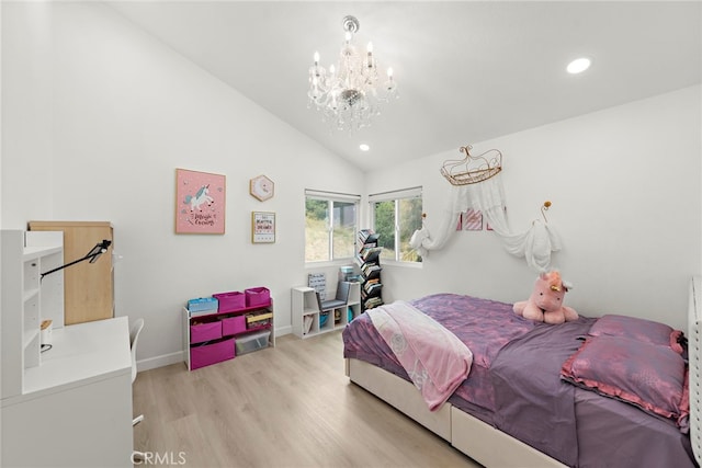 597 Rancheria Rd, Diamond Bar, CA 91765 - bedroom with a chandelier, light wood finished floors, recessed lighting, baseboards, and high vaulted ceiling