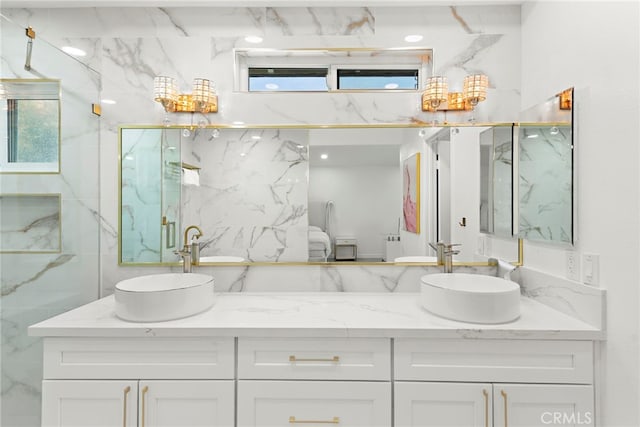 597 Rancheria Rd, Diamond Bar, CA 91765 - full bathroom featuring double vanity and a marble finish shower