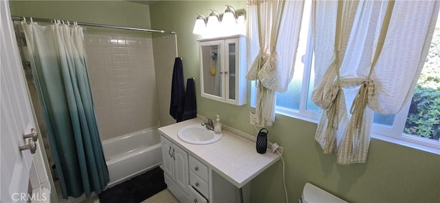 16701 Chatsworth St, Granada Hills, CA 91344 - full bathroom with vanity, shower / bathtub combination with curtain, and toilet