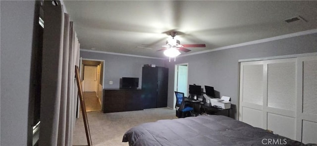 16701 Chatsworth St, Granada Hills, CA 91344 - carpeted bedroom featuring crown molding, a closet, a ceiling fan, and a desk