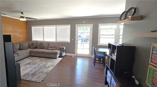16701 Chatsworth St, Granada Hills, CA 91344 - living area featuring wood finished floors, a ceiling fan, crown molding, and baseboards