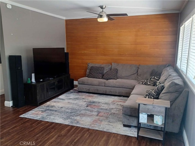16701 Chatsworth St, Granada Hills, CA 91344 - living room featuring wood finished floors, ornamental molding, ceiling fan, plenty of natural light, and baseboards