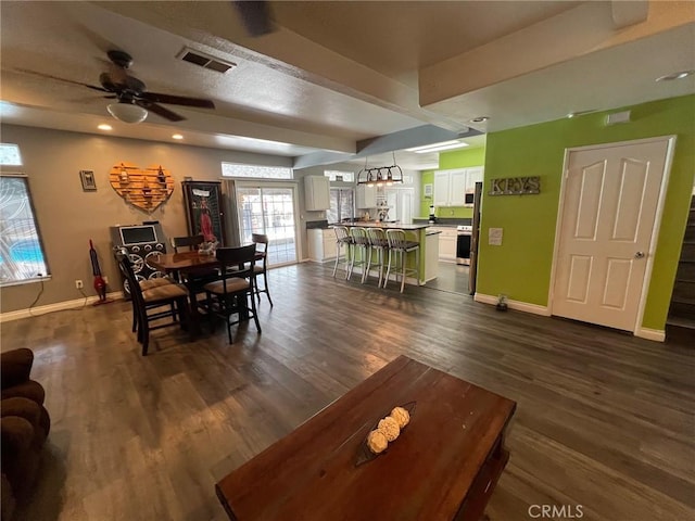12413 Redrock Rd, Victorville, CA 92392 - dining area featuring baseboards, dark wood-style floors, ceiling fan, and recessed lighting