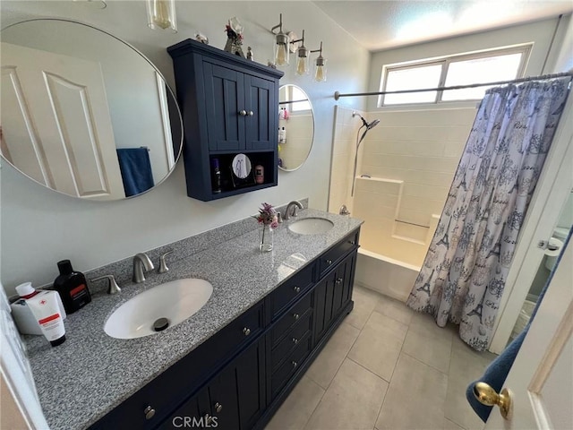 12413 Redrock Rd, Victorville, CA 92392 - bathroom featuring shower / bath combination with curtain, double vanity, and tile patterned floors