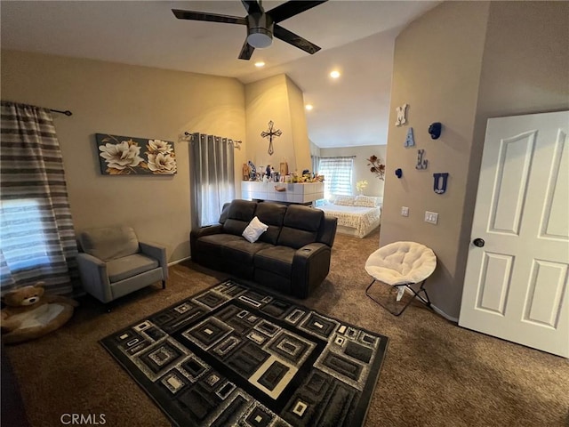 12413 Redrock Rd, Victorville, CA 92392 - living room featuring carpet floors, a ceiling fan, lofted ceiling, and baseboards