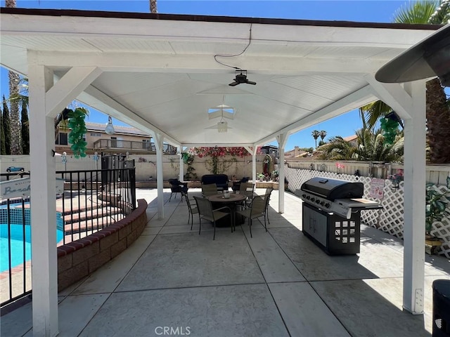 12413 Redrock Rd, Victorville, CA 92392 - fenced backyard featuring a patio area, a ceiling fan, outdoor dining space, and a grill