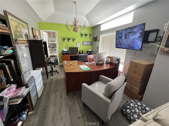 12413 Redrock Rd, Victorville, CA 92392 - office featuring a tray ceiling, wood finished floors, and lofted ceiling