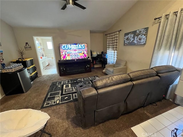 12413 Redrock Rd, Victorville, CA 92392 - carpeted living room featuring ceiling fan and vaulted ceiling