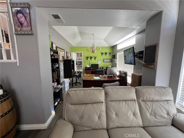 12413 Redrock Rd, Victorville, CA 92392 - living room with a desk, wood finished floors, lofted ceiling, and baseboards