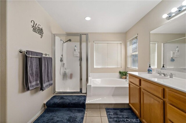 37814 Veranda Way, Murrieta, CA 92563 - full bathroom featuring a stall shower, vanity, a bath, and tile patterned floors