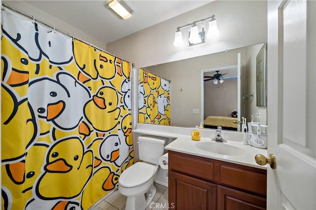 37814 Veranda Way, Murrieta, CA 92563 - full bath featuring vanity, toilet, tile patterned flooring, ceiling fan, and a shower with curtain