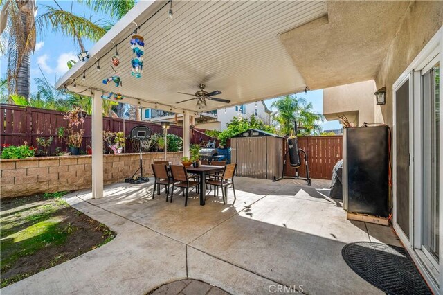 37814 Veranda Way, Murrieta, CA 92563 - fenced backyard featuring outdoor dining area, a patio area, and a ceiling fan