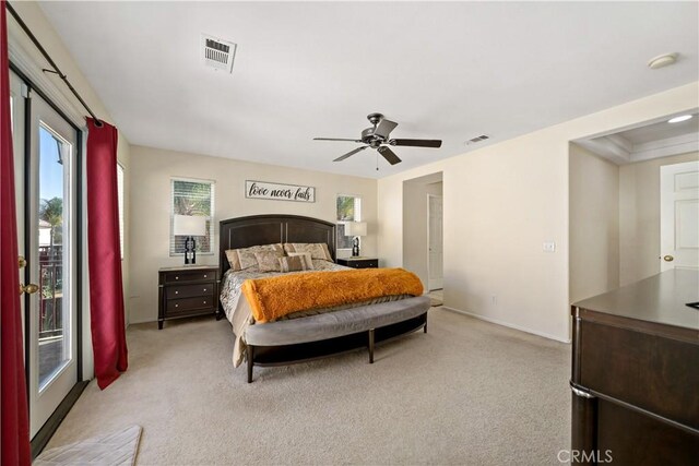 37814 Veranda Way, Murrieta, CA 92563 - bedroom with light colored carpet, a ceiling fan, baseboards, and access to exterior
