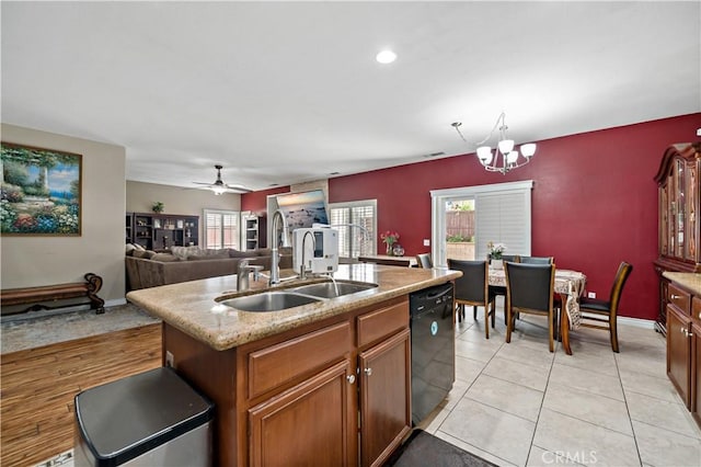 37814 Veranda Way, Murrieta, CA 92563 - kitchen with black dishwasher, a sink, a chandelier, a ceiling fan, and an island with sink
