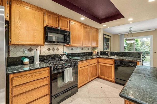 4243 Corte De La Siena, San Diego, CA 92130 - kitchen featuring black appliances, backsplash, a sink, recessed lighting, and dark stone countertops