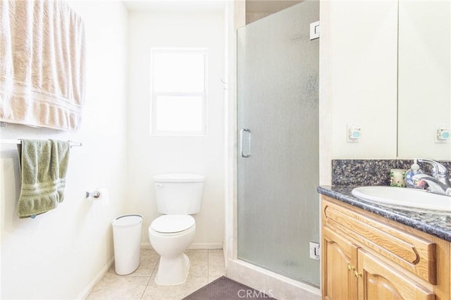 14752 Grafton Ln, Helendale, CA 92342 - full bath featuring toilet, tile patterned floors, vanity, a shower stall, and baseboards
