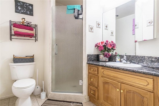 14752 Grafton Ln, Helendale, CA 92342 - bathroom featuring toilet, vanity, a shower stall, and tile patterned flooring