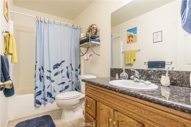14752 Grafton Ln, Helendale, CA 92342 - full bathroom with tile patterned flooring, vanity, shower / bath combination with curtain, and toilet