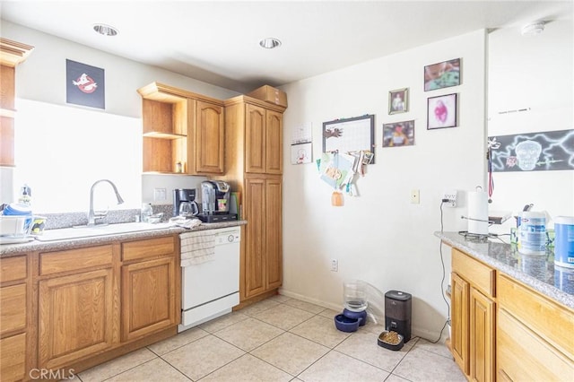 14752 Grafton Ln, Helendale, CA 92342 - kitchen with white dishwasher, a sink, light tile patterned floors, open shelves, and light countertops