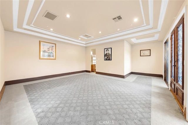 1539 Rodeo Rd, Arcadia, CA 91006 - empty room featuring a tray ceiling, healthy amount of natural light, light carpet, ornamental molding, and baseboards