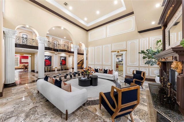1539 Rodeo Rd, Arcadia, CA 91006 - building lobby featuring a high ceiling, crown molding, a decorative wall, stairs, and recessed lighting