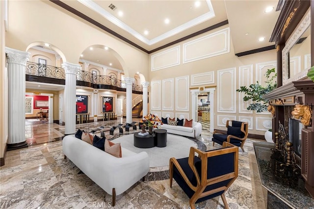 1539 Rodeo Rd, Arcadia, CA 91006 - common area featuring a high ceiling, crown molding, a decorative wall, stairs, and recessed lighting