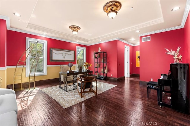 1539 Rodeo Rd, Arcadia, CA 91006 - dining space with a tray ceiling, wood-type flooring, baseboards, crown molding, and recessed lighting