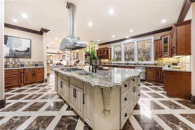1539 Rodeo Rd, Arcadia, CA 91006 - kitchen with crown molding, inlaid floor details, recessed lighting, glass insert cabinets, and a large island with sink