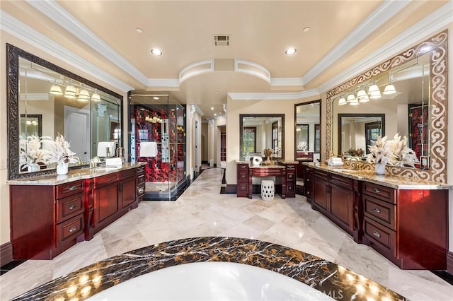 1539 Rodeo Rd, Arcadia, CA 91006 - full bathroom featuring ornamental molding, two vanities, marble tiled floors, a shower stall, and recessed lighting