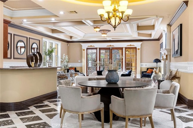 1539 Rodeo Rd, Arcadia, CA 91006 - dining room with crown molding, coffered ceiling, a chandelier, wainscoting, and healthy amount of natural light