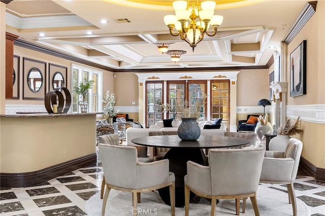 1539 Rodeo Rd, Arcadia, CA 91006 - dining room with ornamental molding, coffered ceiling, a chandelier, wainscoting, and plenty of natural light