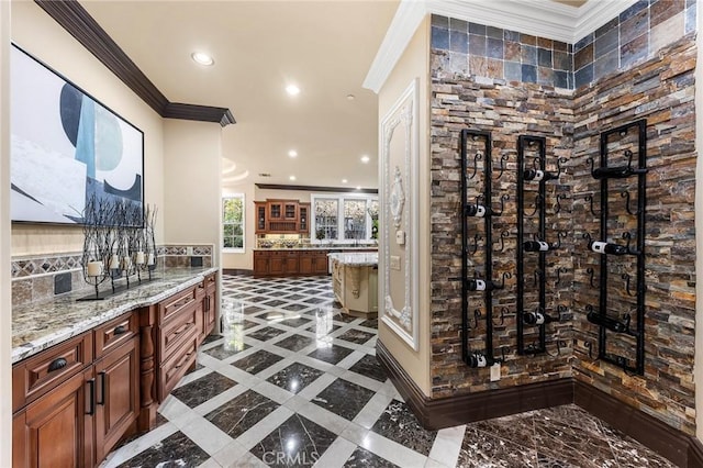 1539 Rodeo Rd, Arcadia, CA 91006 - wine room featuring ornamental molding, recessed lighting, and inlaid floor details