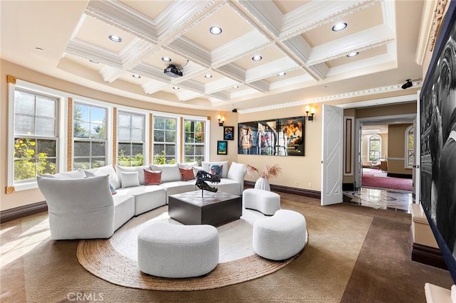1539 Rodeo Rd, Arcadia, CA 91006 - living room featuring crown molding, coffered ceiling, baseboards, healthy amount of natural light, and beamed ceiling