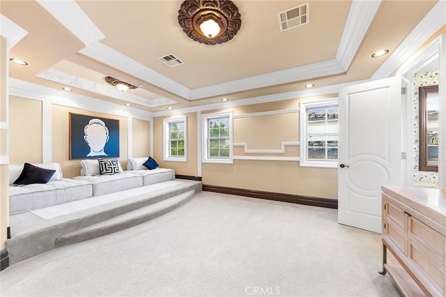 1539 Rodeo Rd, Arcadia, CA 91006 - bedroom featuring ornamental molding, a tray ceiling, light colored carpet, baseboards, and recessed lighting