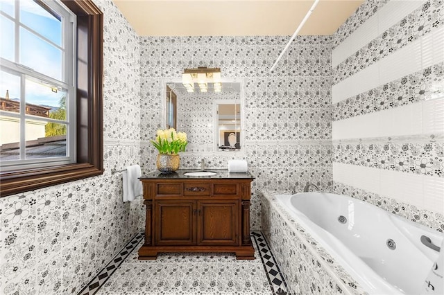 1539 Rodeo Rd, Arcadia, CA 91006 - bathroom with a tub with jets, vanity, and tile walls
