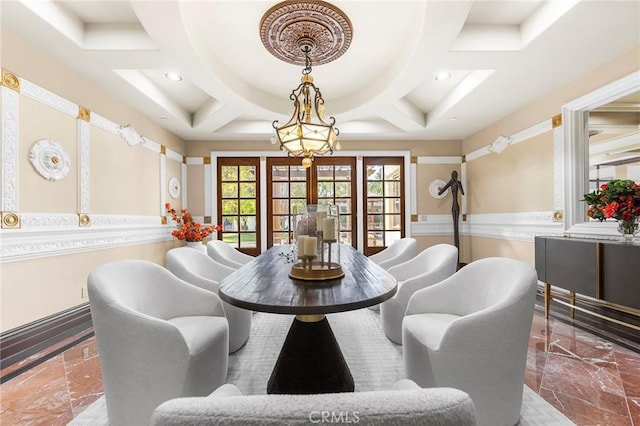 1539 Rodeo Rd, Arcadia, CA 91006 - dining space with coffered ceiling, recessed lighting, french doors, and marble tiled flooring