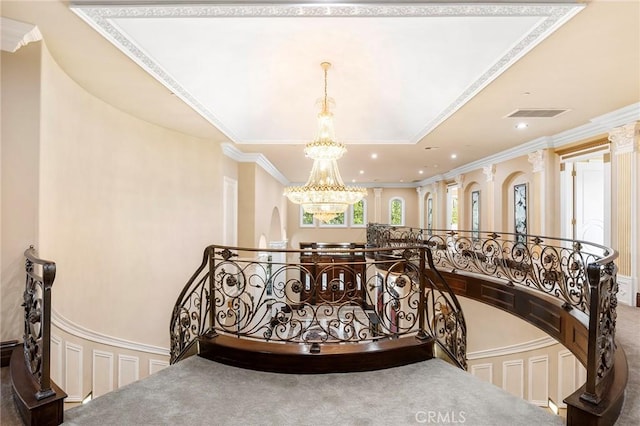 1539 Rodeo Rd, Arcadia, CA 91006 - hallway featuring an upstairs landing, a chandelier, recessed lighting, carpet flooring, and ornamental molding